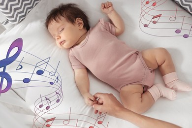 Image of Lullaby songs. Mother and her baby at home, above view. Illustration of flying music notes near woman and child