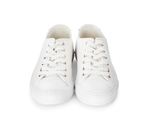 Pair of stylish sneakers on white background