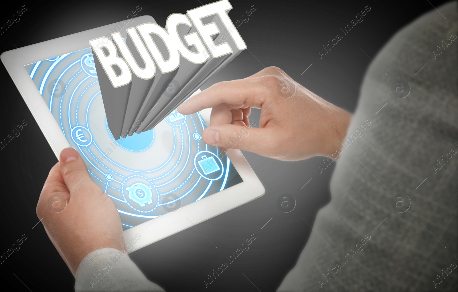 Image of Budget management. Businessman with tablet on gray background, closeup. Illustration of scheme with financial icons on screen