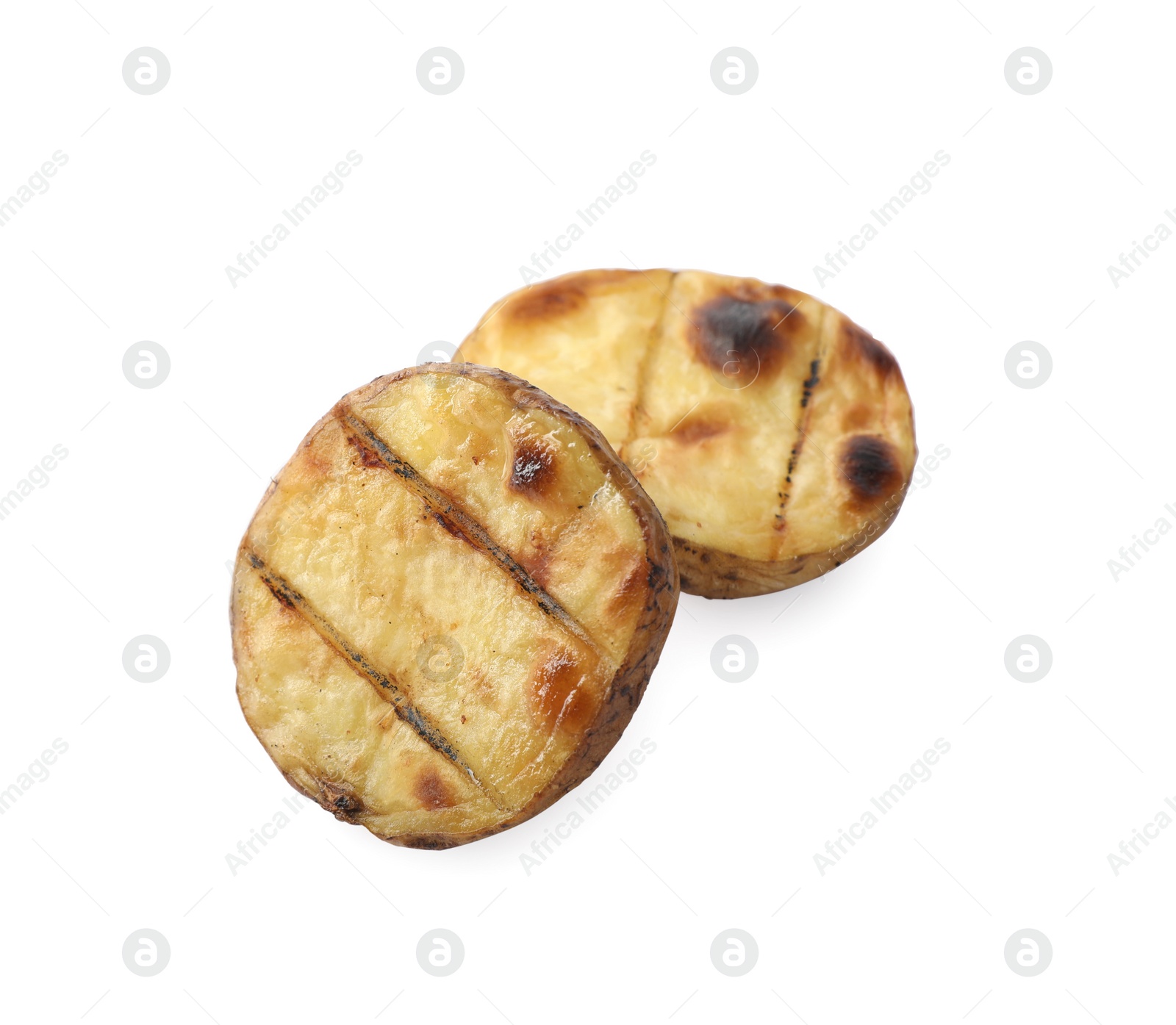 Photo of Cut tasty grilled potato isolated on white