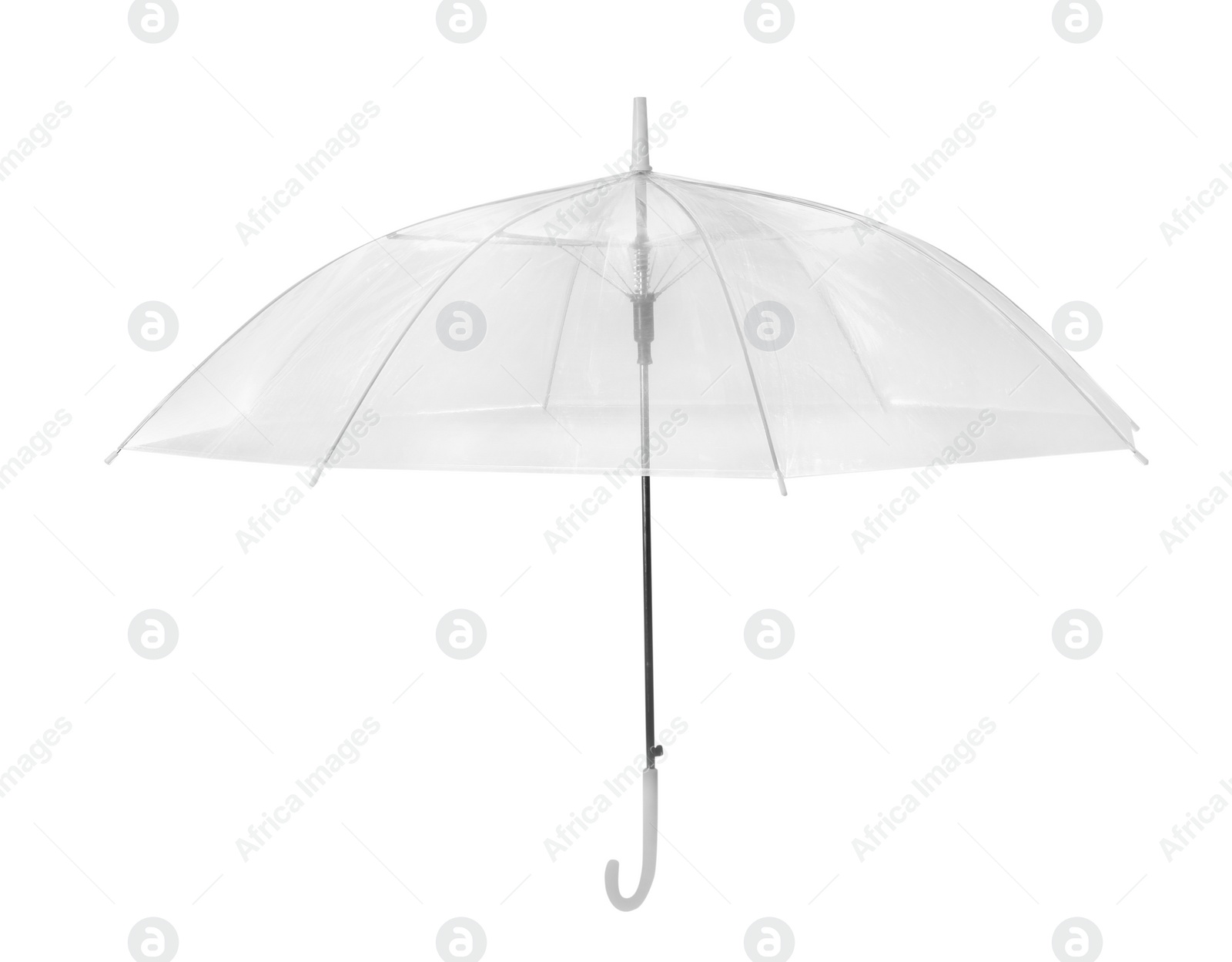 Photo of Open modern transparent umbrella isolated on white