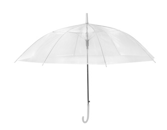 Photo of Open modern transparent umbrella isolated on white