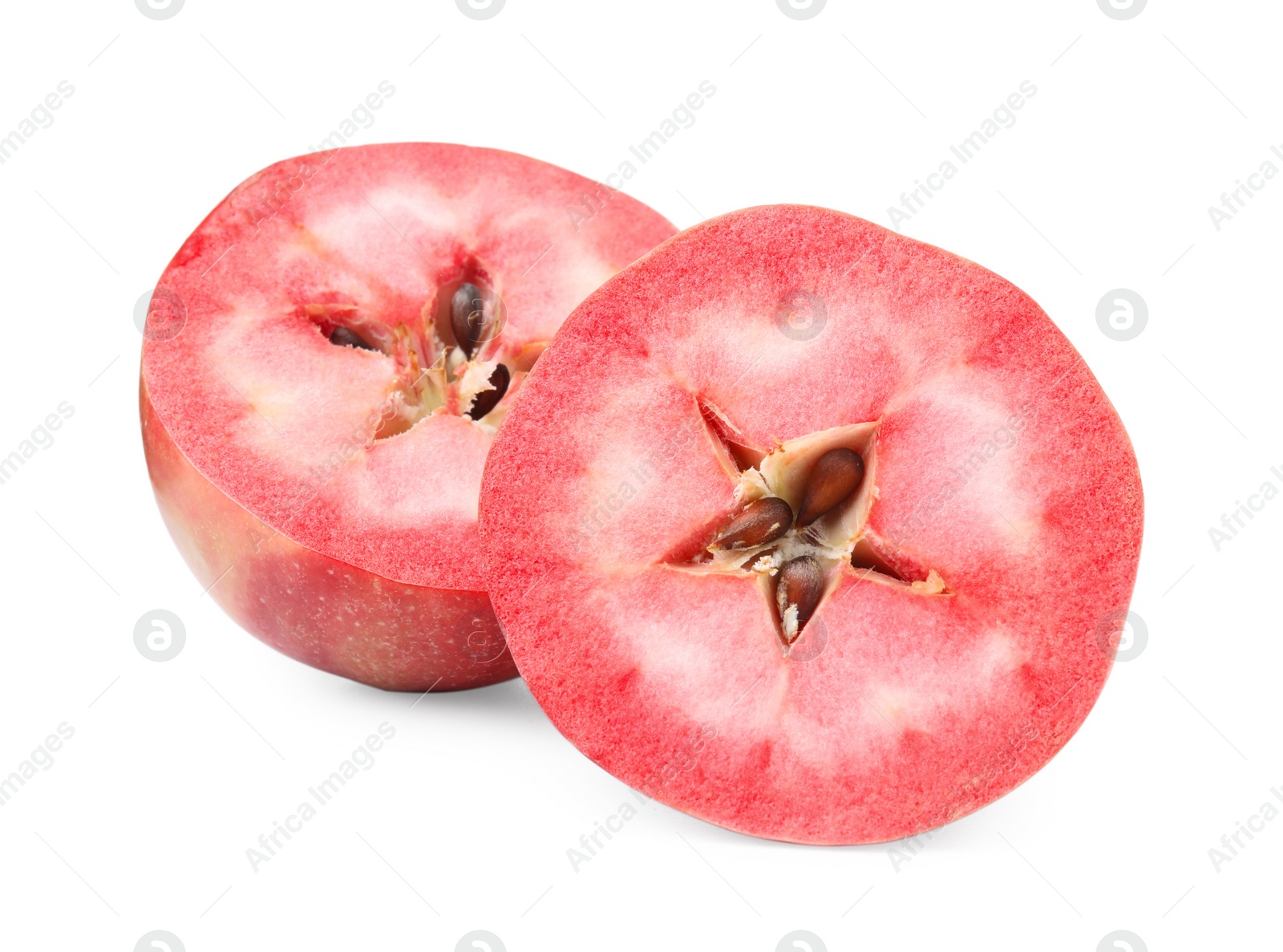 Photo of Cut tasty apple with red pulp isolated on white