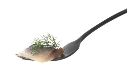 Fork with piece of delicious salted herring and dill on white background