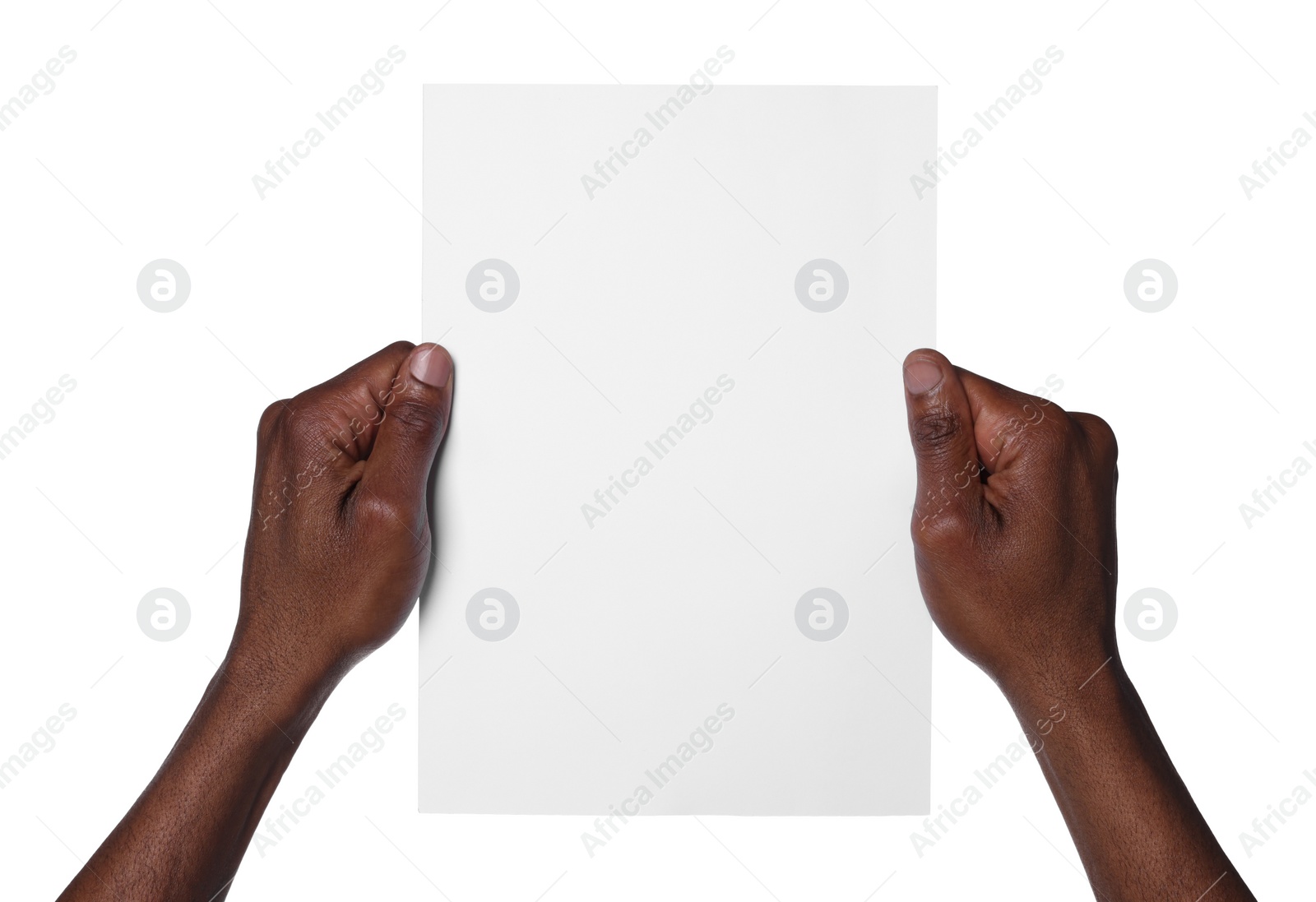 Photo of African American man holding sheet of paper on white background, closeup. Mockup for design