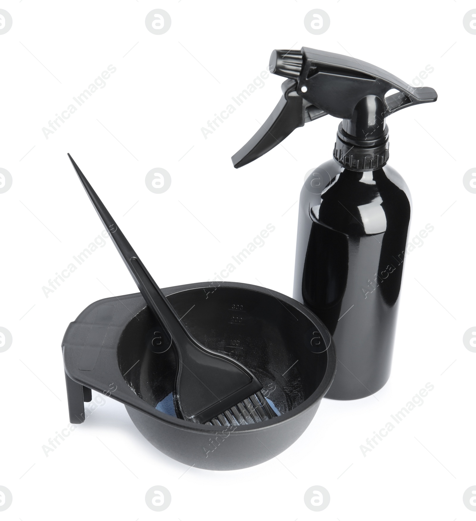 Photo of Professional tools for hair dyeing on white background