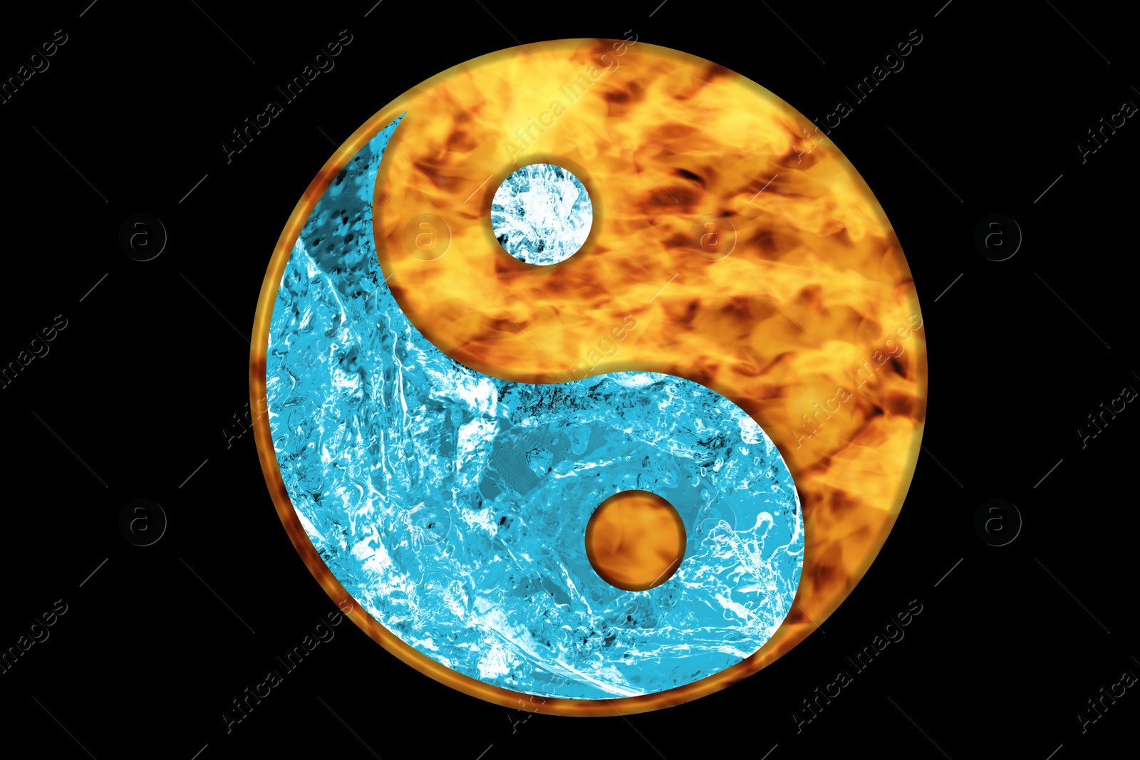 Image of Fire and water resembling Yin Yang symbol on black background. Feng Shui philosophy