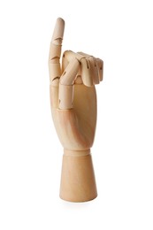 Photo of Wooden hand model on white background. Mannequin part