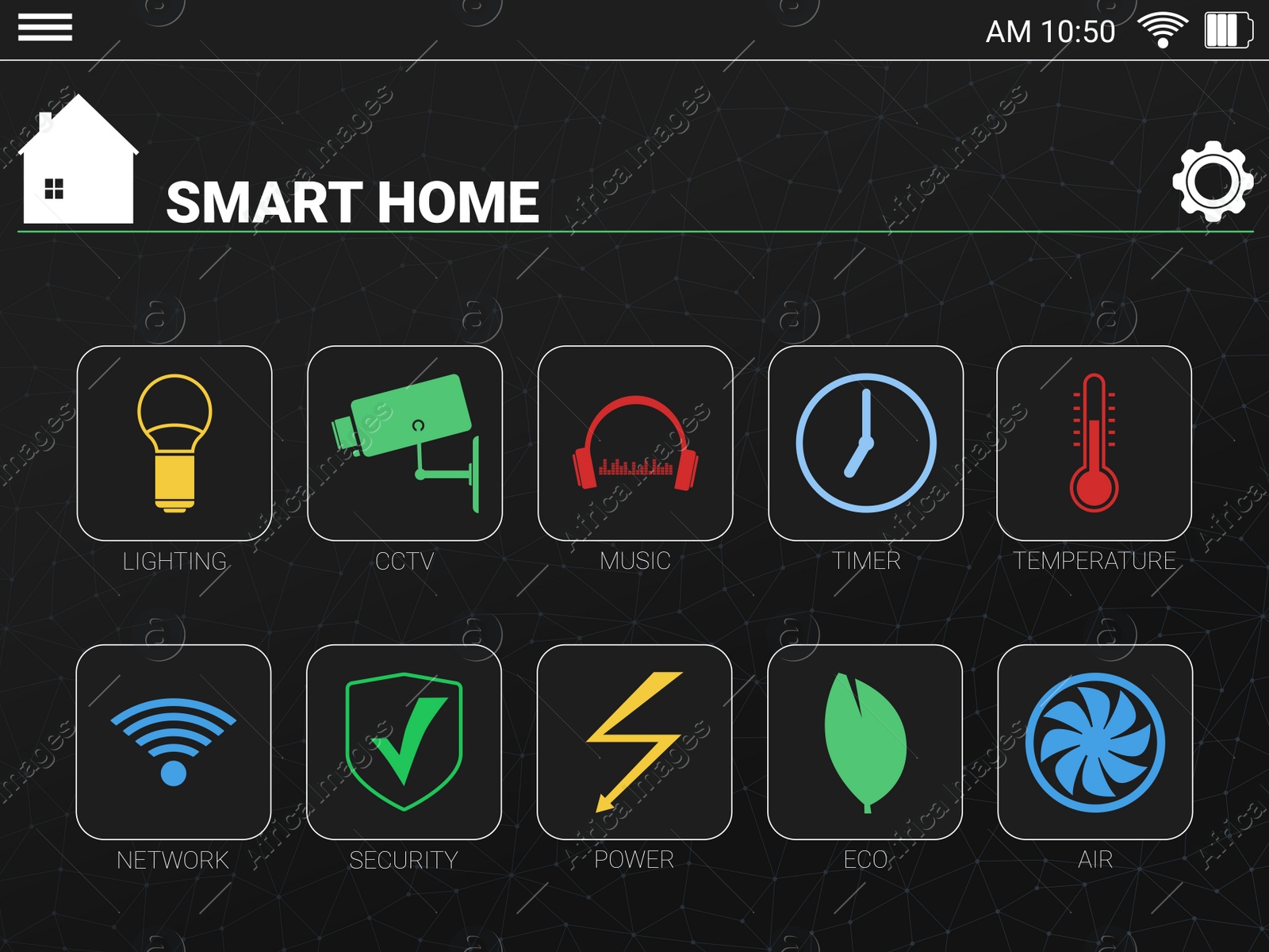 Illustration of Screen of tablet with SMART HOME app, illustration. Automatic technology