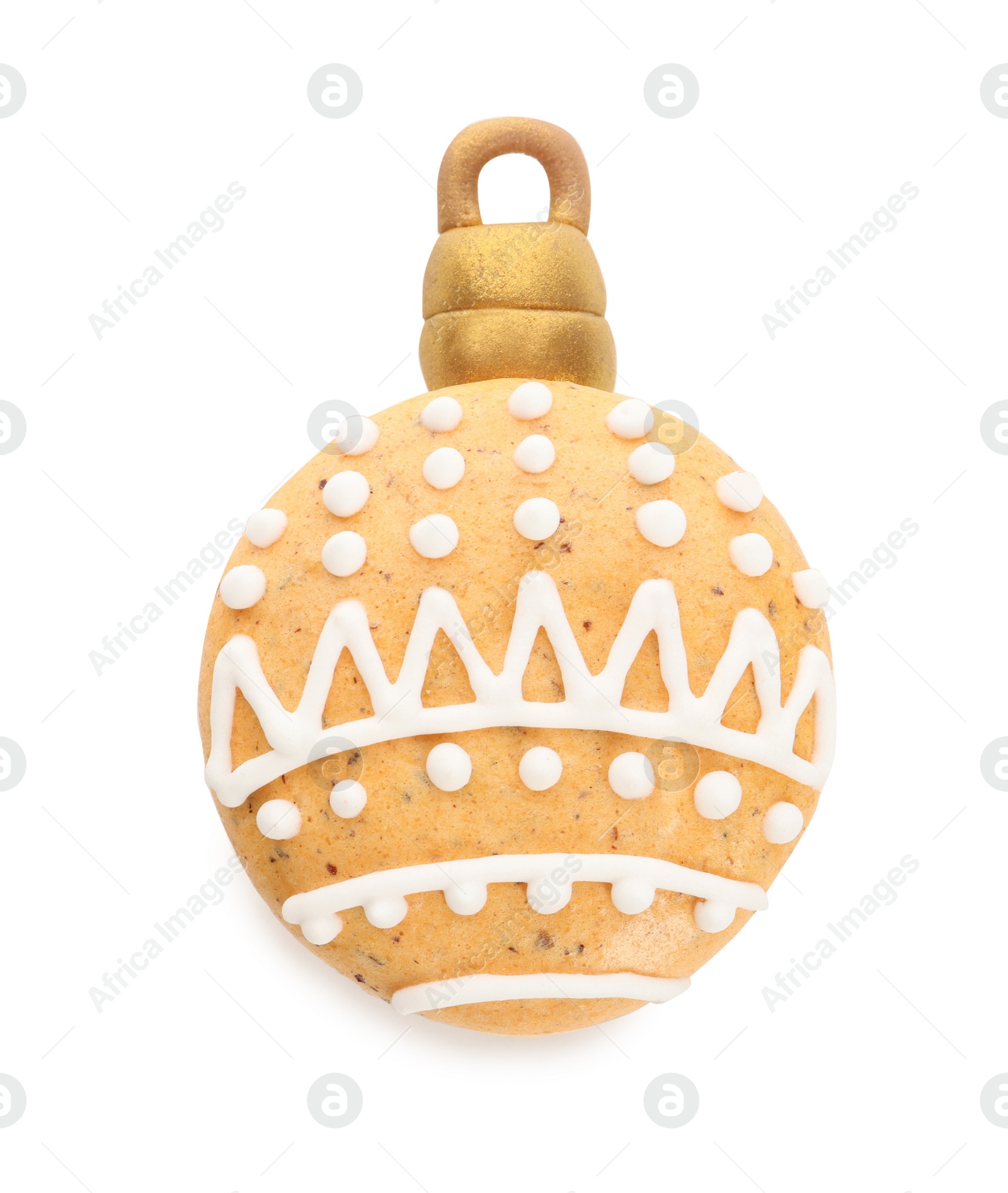 Photo of Beautifully decorated Christmas macaron isolated on white, top view