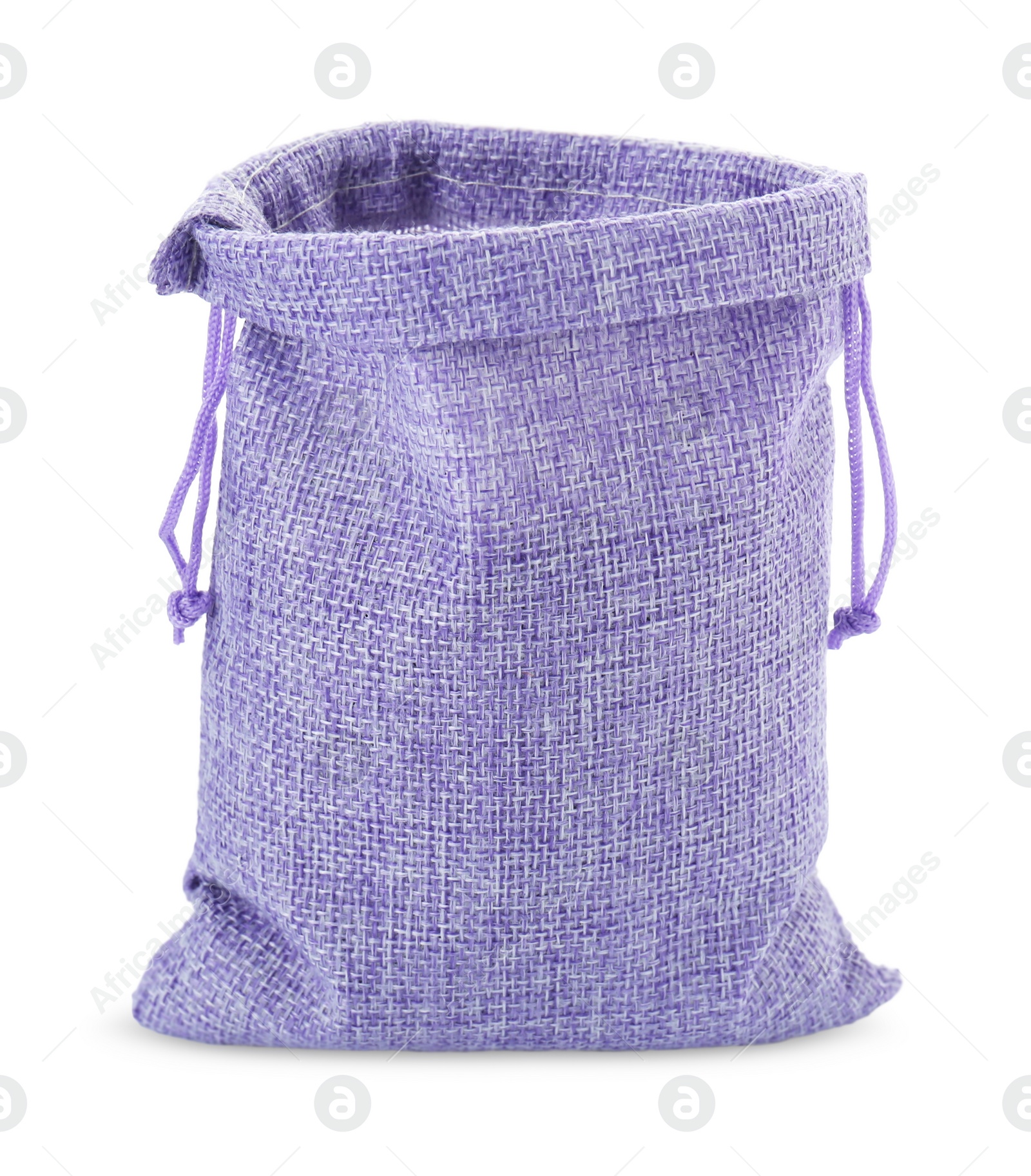 Photo of One violet burlap bag isolated on white