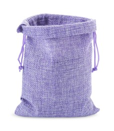 Photo of One violet burlap bag isolated on white