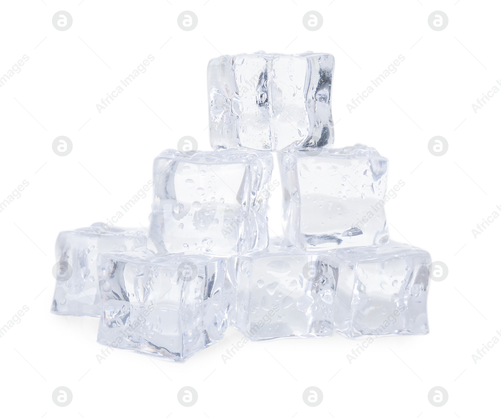 Photo of Many crystal clear ice cubes isolated on white