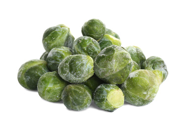 Photo of Pile of frozen Brussels sprouts isolated on white. Vegetable preservation