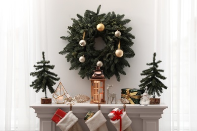 Different Christmas decorations in room. Interior design