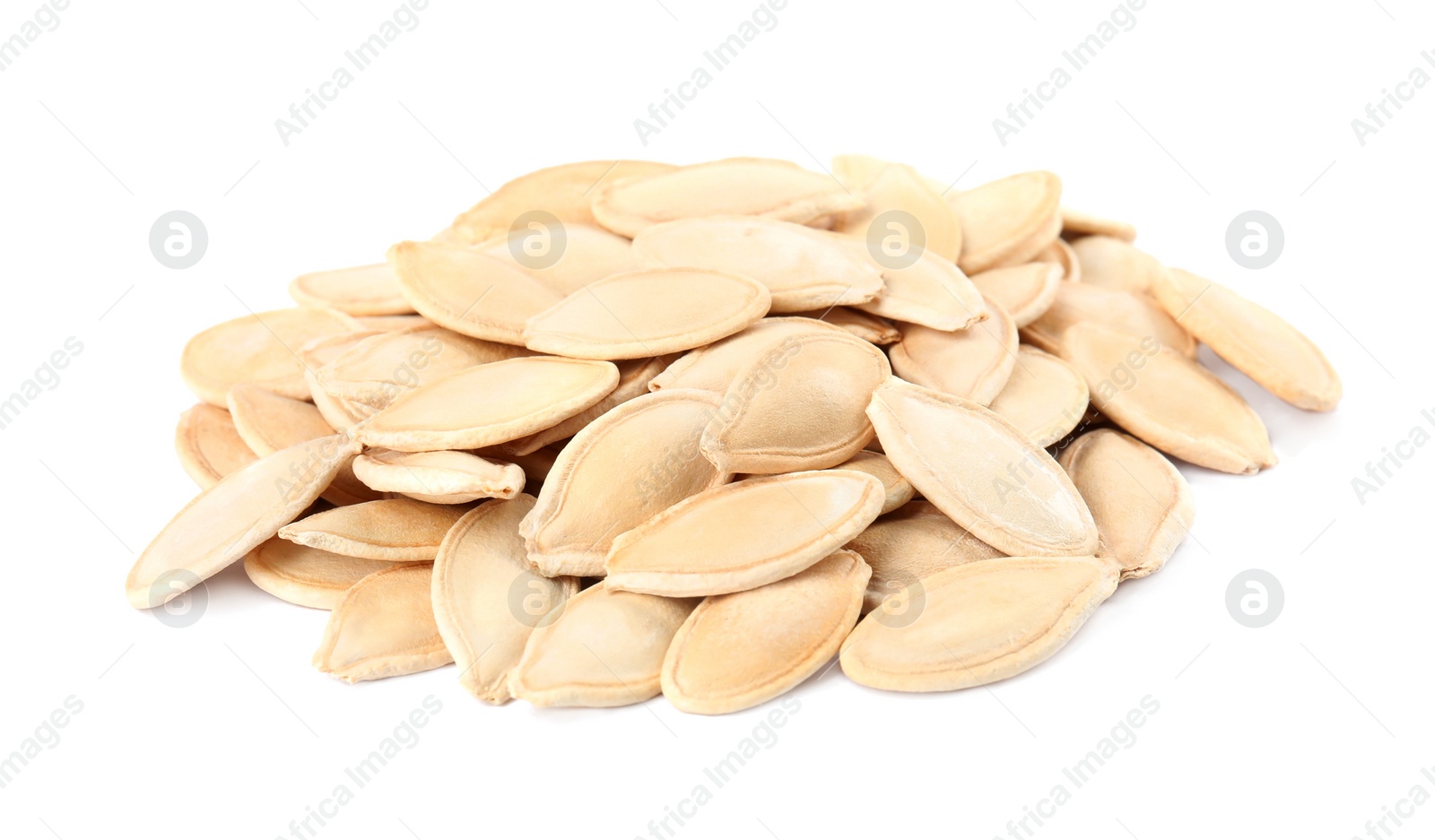 Photo of Pile of raw pumpkin seeds on white background