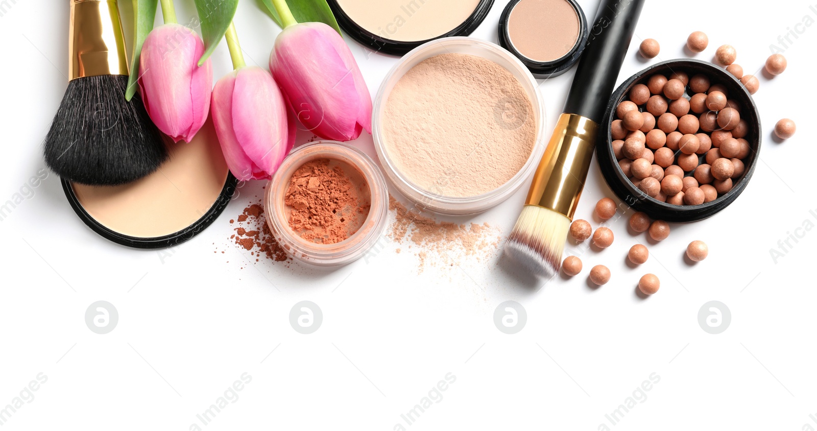 Photo of Many different makeup products and spring flowers on white background, top view