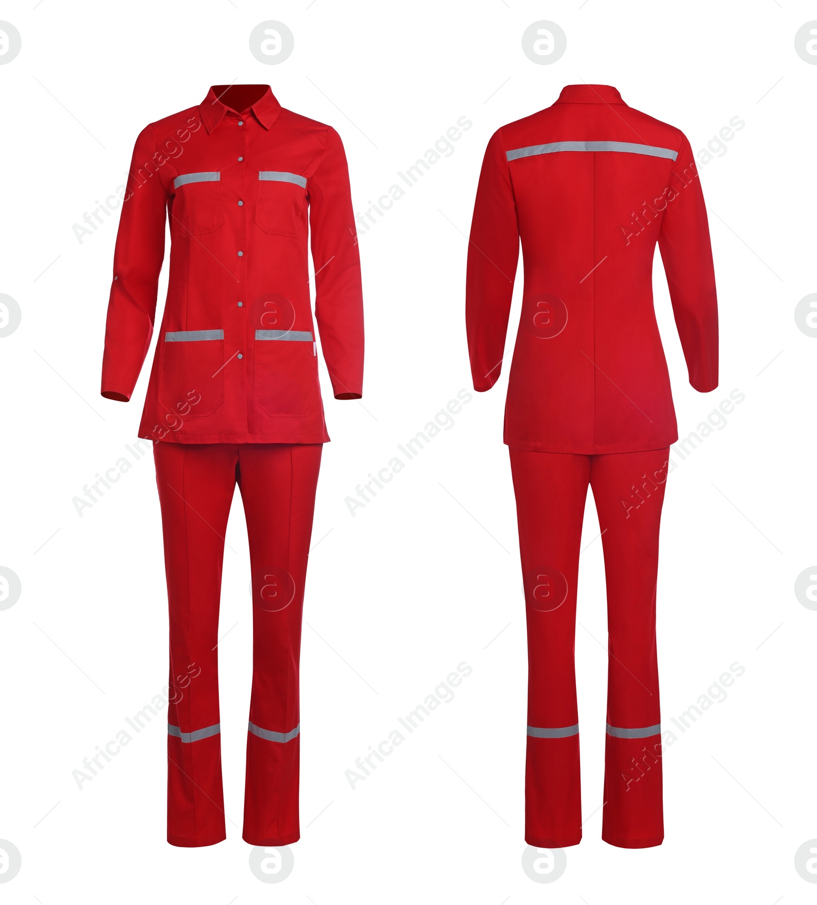 Image of Red medical uniform isolated on white, collage with back and front views