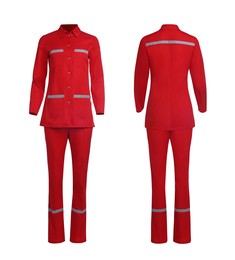 Image of Red medical uniform isolated on white, collage with back and front views