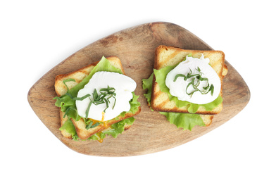 Delicious poached egg sandwiches isolated on white, top view