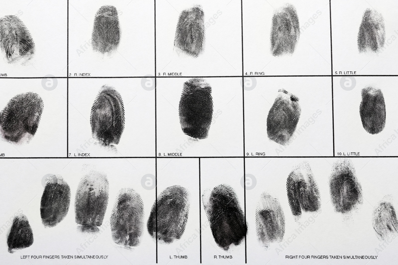 Photo of Police form with fingerprints, top view. Forensic examination