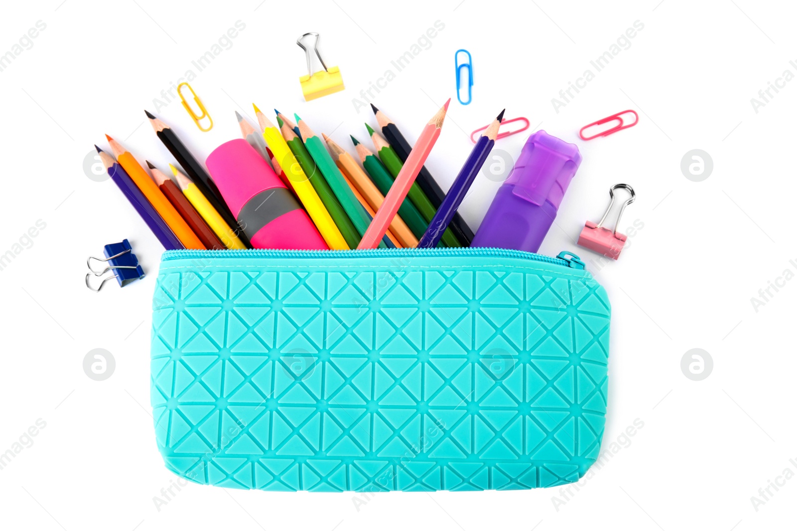 Photo of Pencil case full of school stationery on white background, top view
