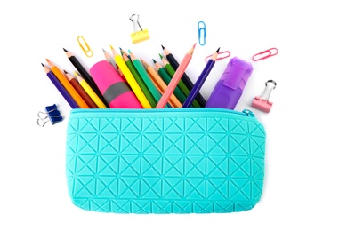 Pencil case full of school stationery on white background, top view