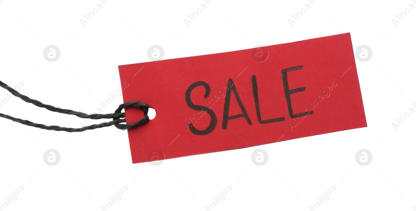 Photo of Red tag with word SALE isolated on white. Black Friday concept