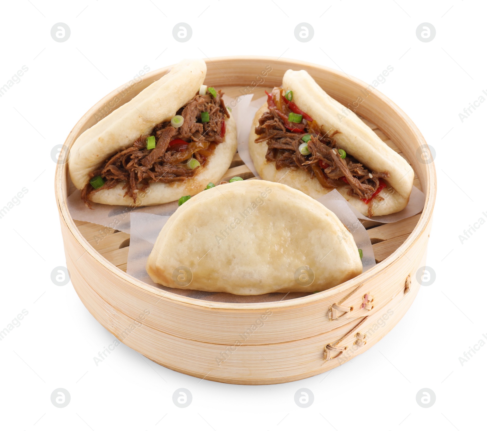 Photo of Delicious gua bao in bamboo steamer isolated on white