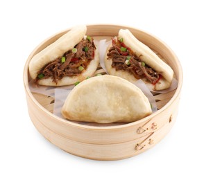 Delicious gua bao in bamboo steamer isolated on white