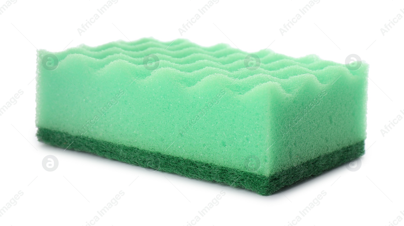 Photo of Green cleaning sponge with abrasive scourer isolated on white