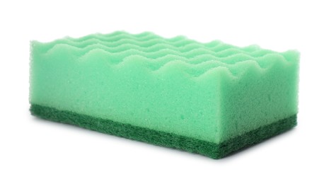 Green cleaning sponge with abrasive scourer isolated on white