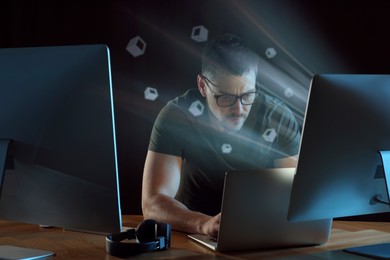 Image of Speed internet. Concentrated man working with laptop at table. Motion blur effect symbolizing fast connection