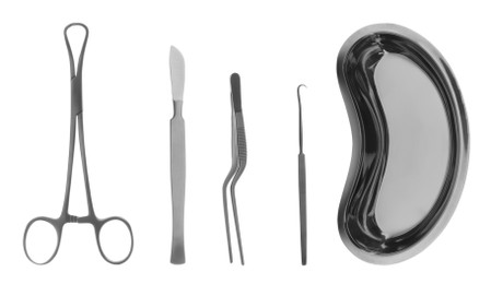 Image of Set with different surgical instruments on white background. Banner design 