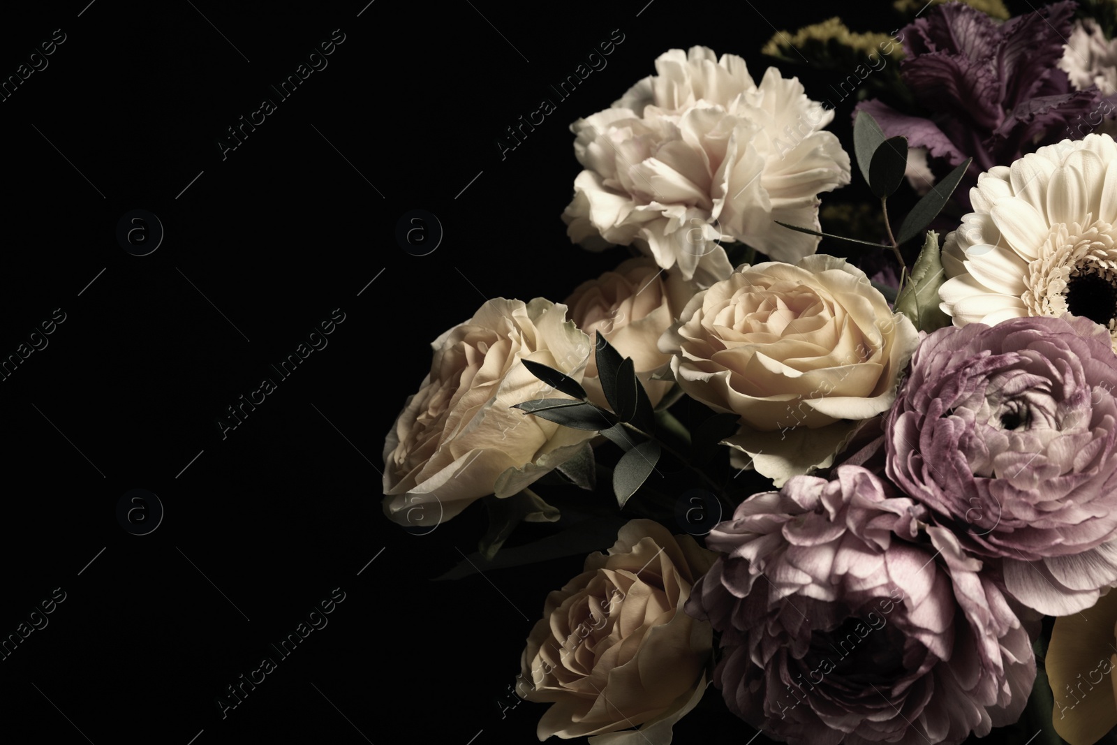 Photo of Beautiful bouquet of different flowers on black background, space for text. Floral card design with dark vintage effect