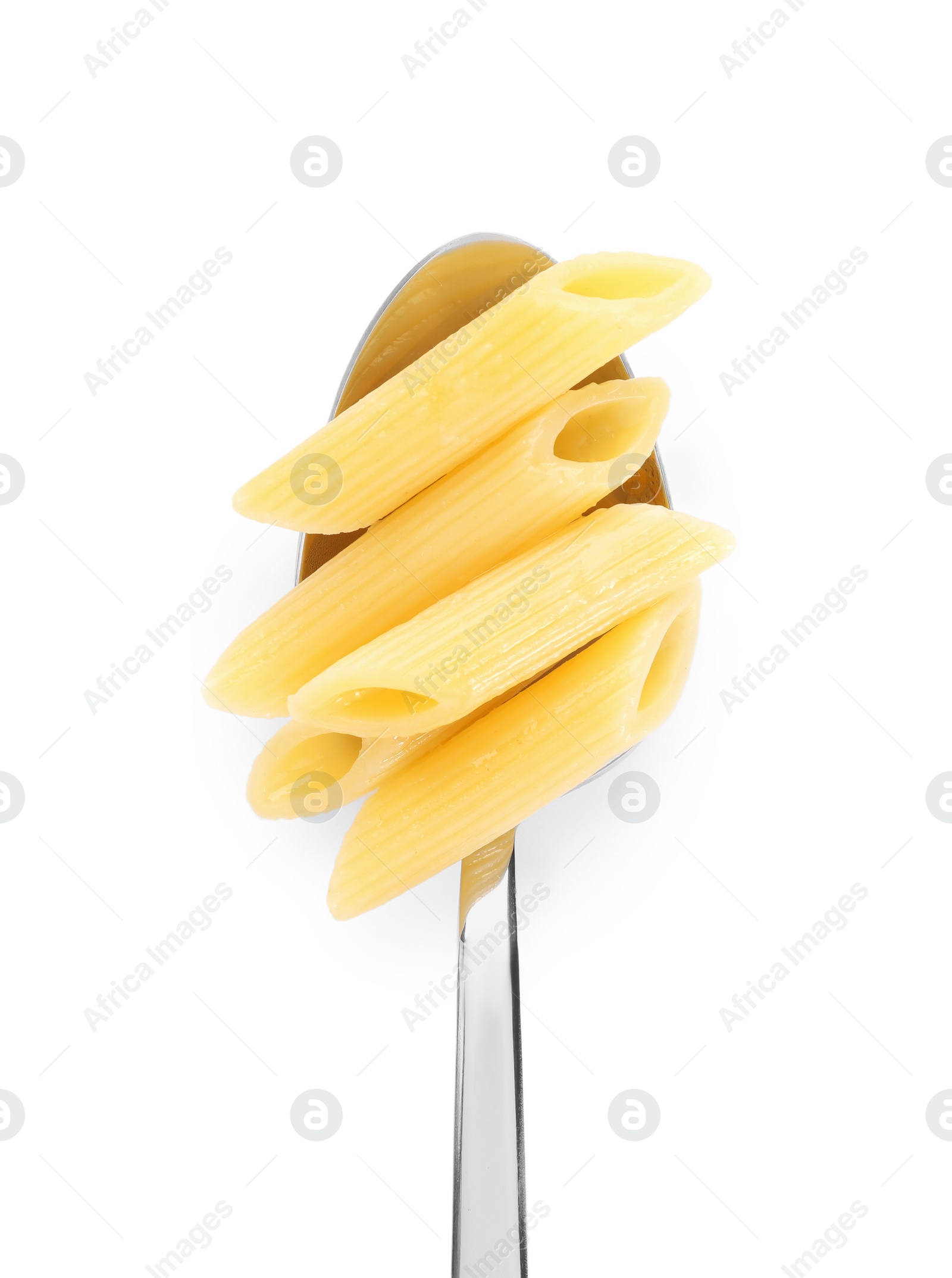 Photo of Spoon with tasty pasta isolated on white, top view