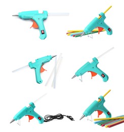 Set with turquoise glue guns with sticks on white background