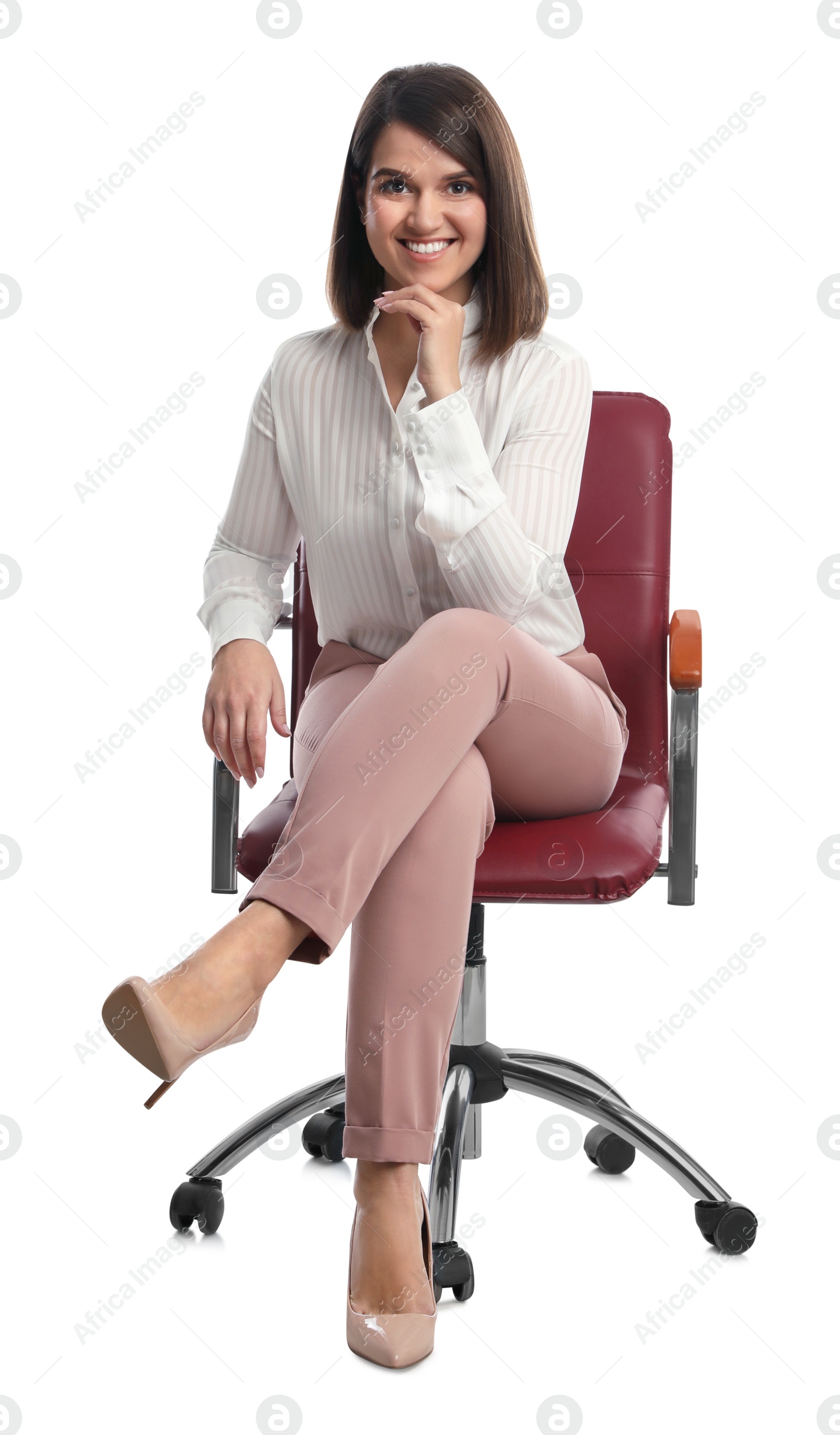 Photo of Young businesswoman sitting in comfortable office chair on white background