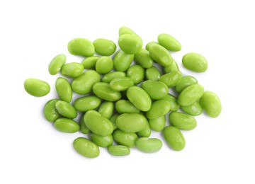 Photo of Pile of fresh edamame soybeans on white background, top view