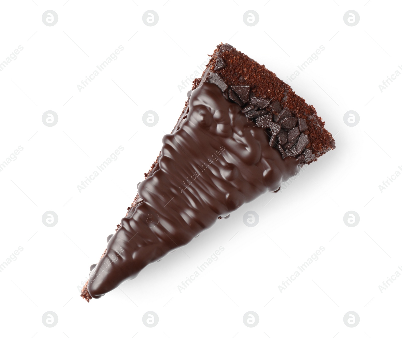 Photo of Piece of delicious chocolate cake isolated on white, top view