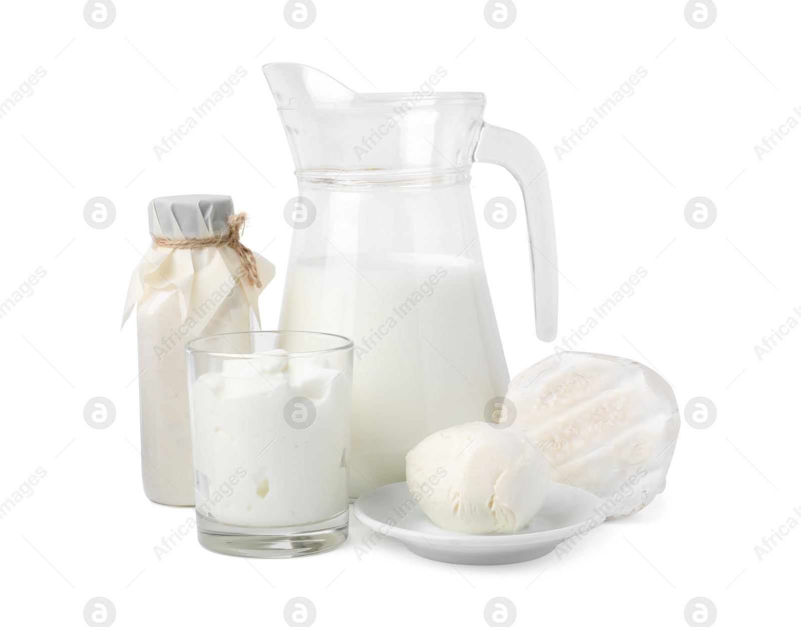 Photo of Different fresh dairy products isolated on white