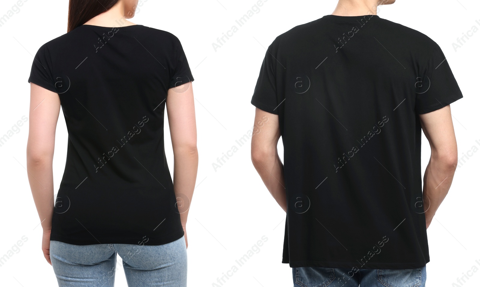 Image of People wearing black t-shirts on white background, back view. Mockup for design