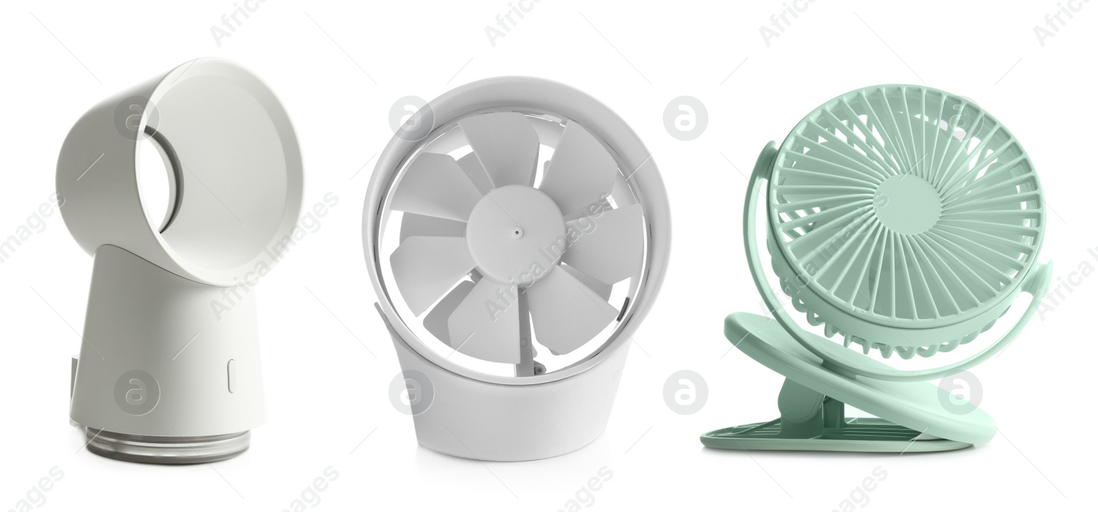 Image of Set of different fans on white background, banner design 