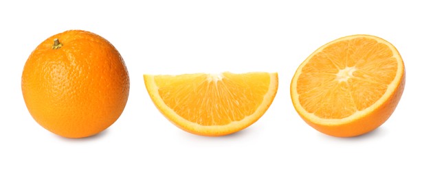 Image of Set with tasty ripe oranges on white background. Banner design 