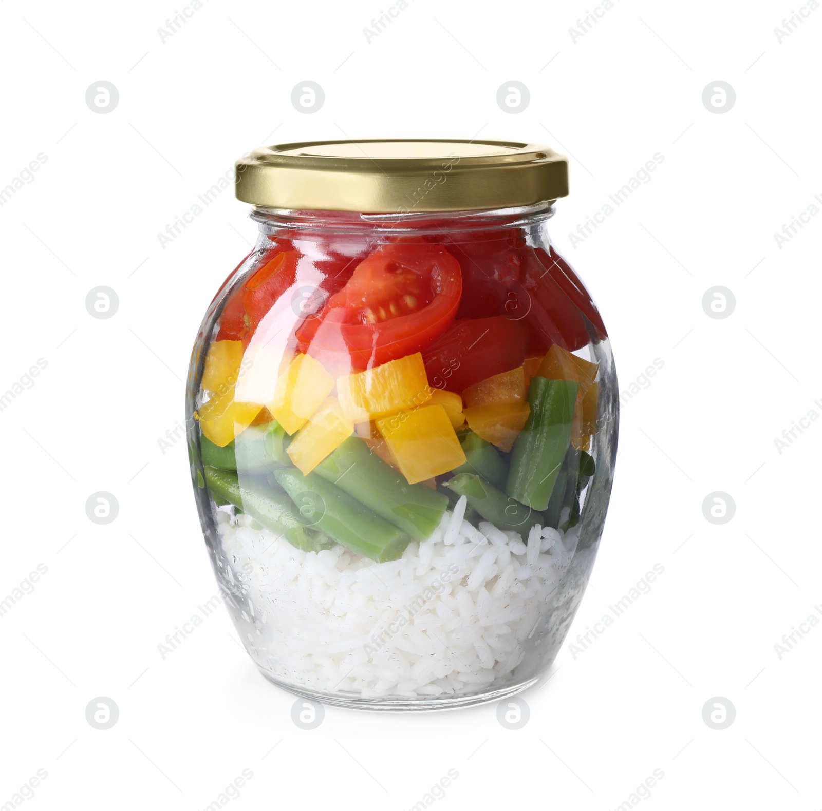 Photo of Glass jar with healthy meal isolated on white