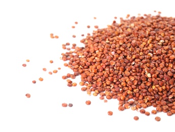 Pile of red quinoa on white background