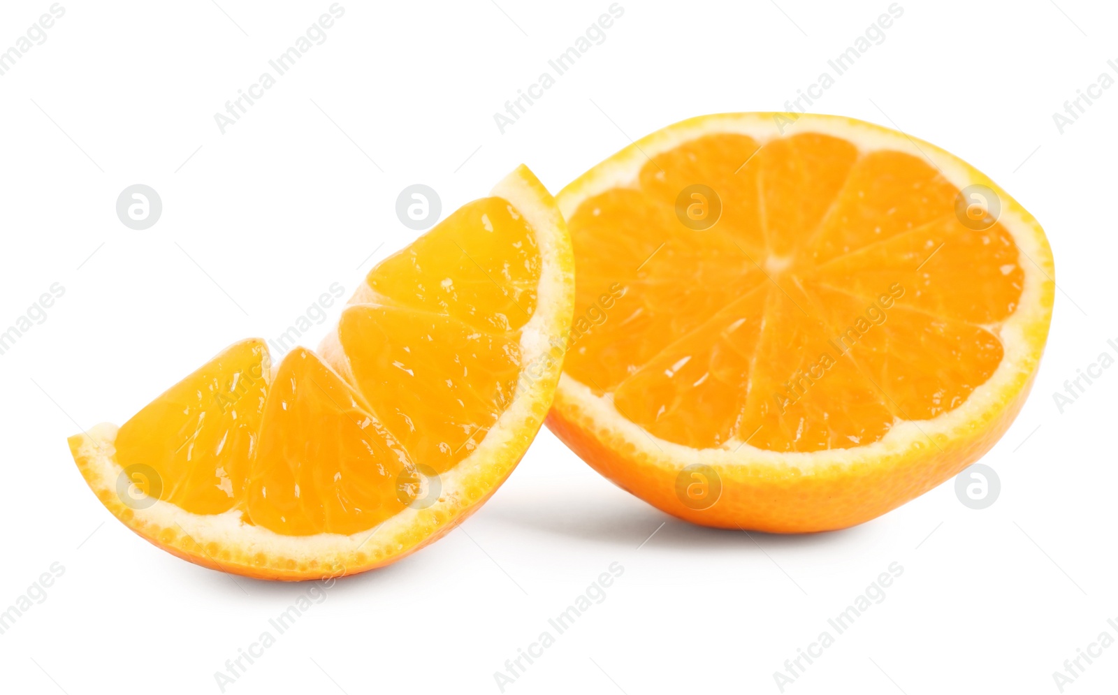 Photo of Cut fresh juicy tangerine isolated on white