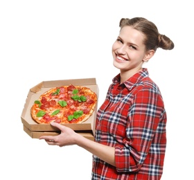 Photo of Attractive young woman with delicious pizza on white background