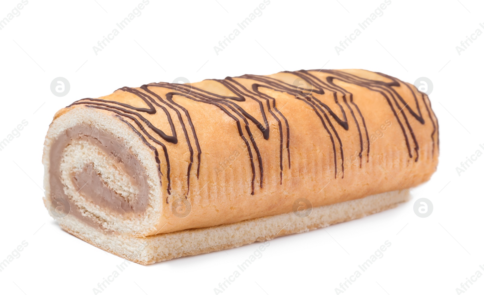 Photo of Tasty cake roll with cream isolated on white