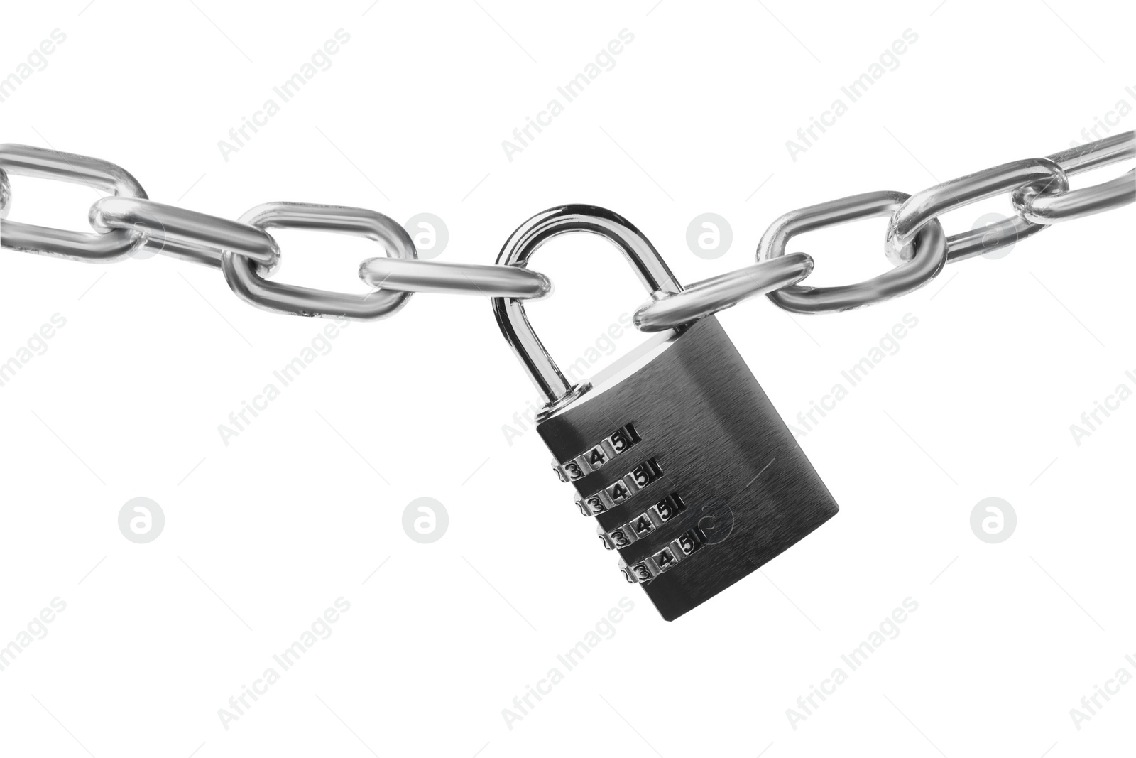 Photo of Steel combination padlock and chain isolated on white